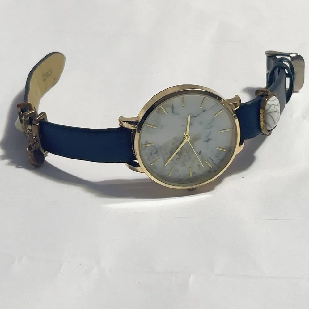 Womens Watch -Black Band w/ Charms - Marbled White Dial- Gold Tone- New Battery